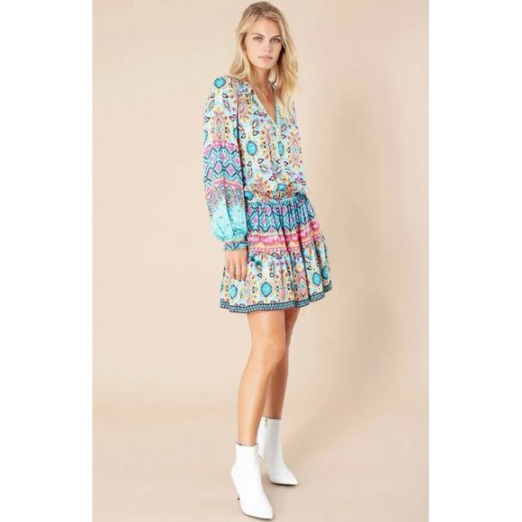 Hale Bob Dresses & Skirts - Hale Bob Oona mini Dress turquoise blue print Size M Boho chic Western Festival